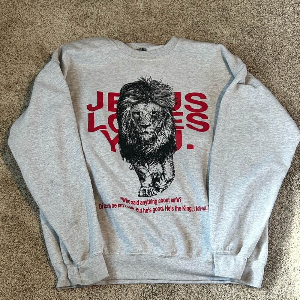 Jesus Loves You Lion and Narnia quote crewneck, size L